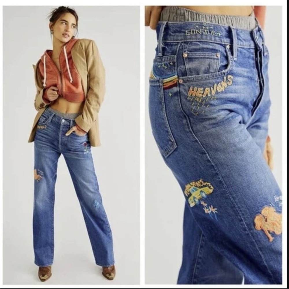 Mother Rambler Sneak Straight Leg Embroidered Running Scissors Jeans Size 25